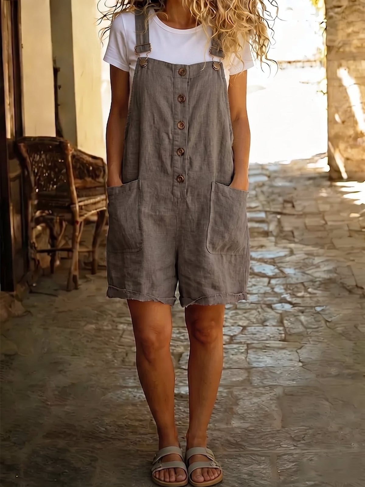 Casual Retro Adjustable-strap Linen-cotton Romper