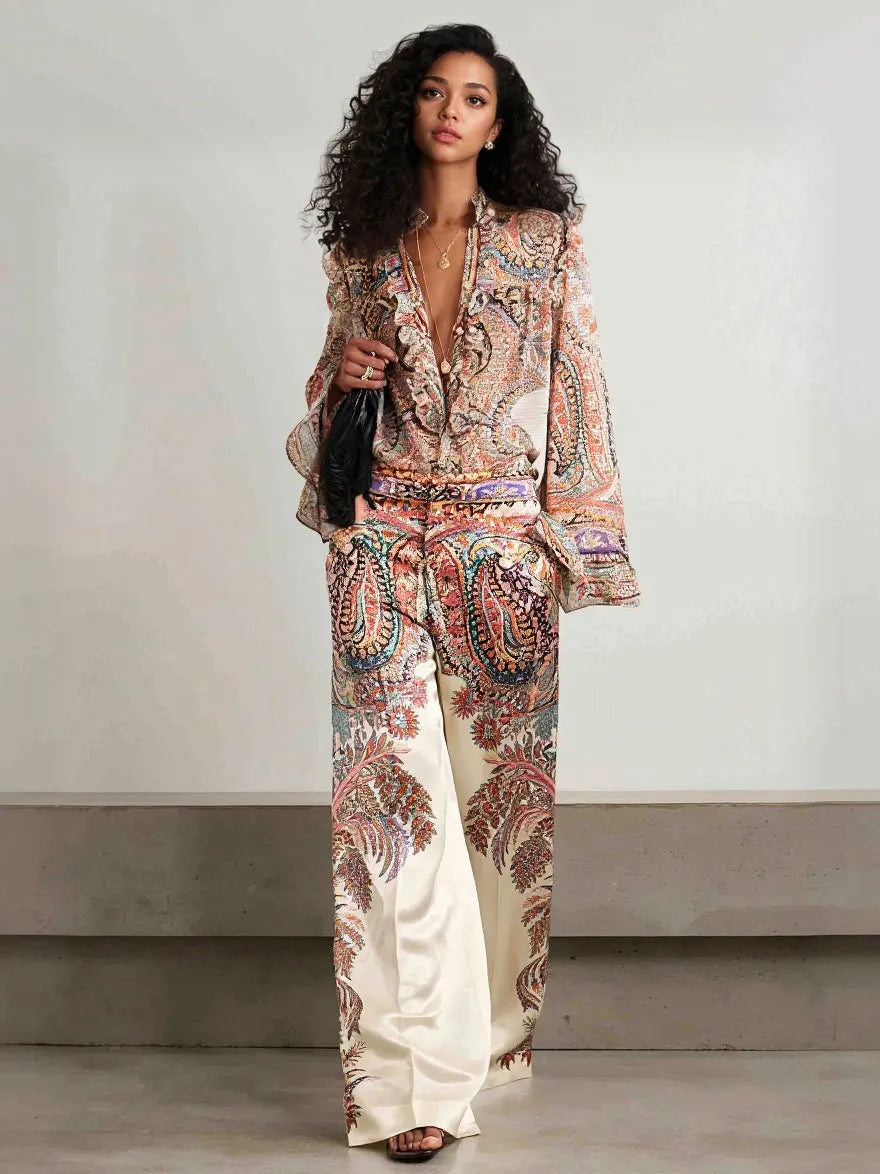 Exquisite Vintage Paisley Print Wide-leg Pants