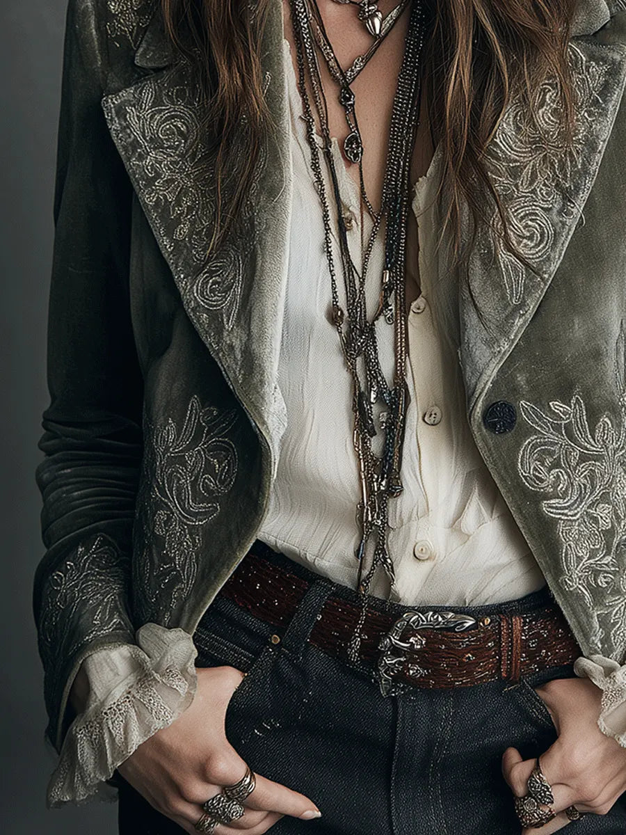 Vintage Grey-Green Velvet Embroidered Cropped Jacket
