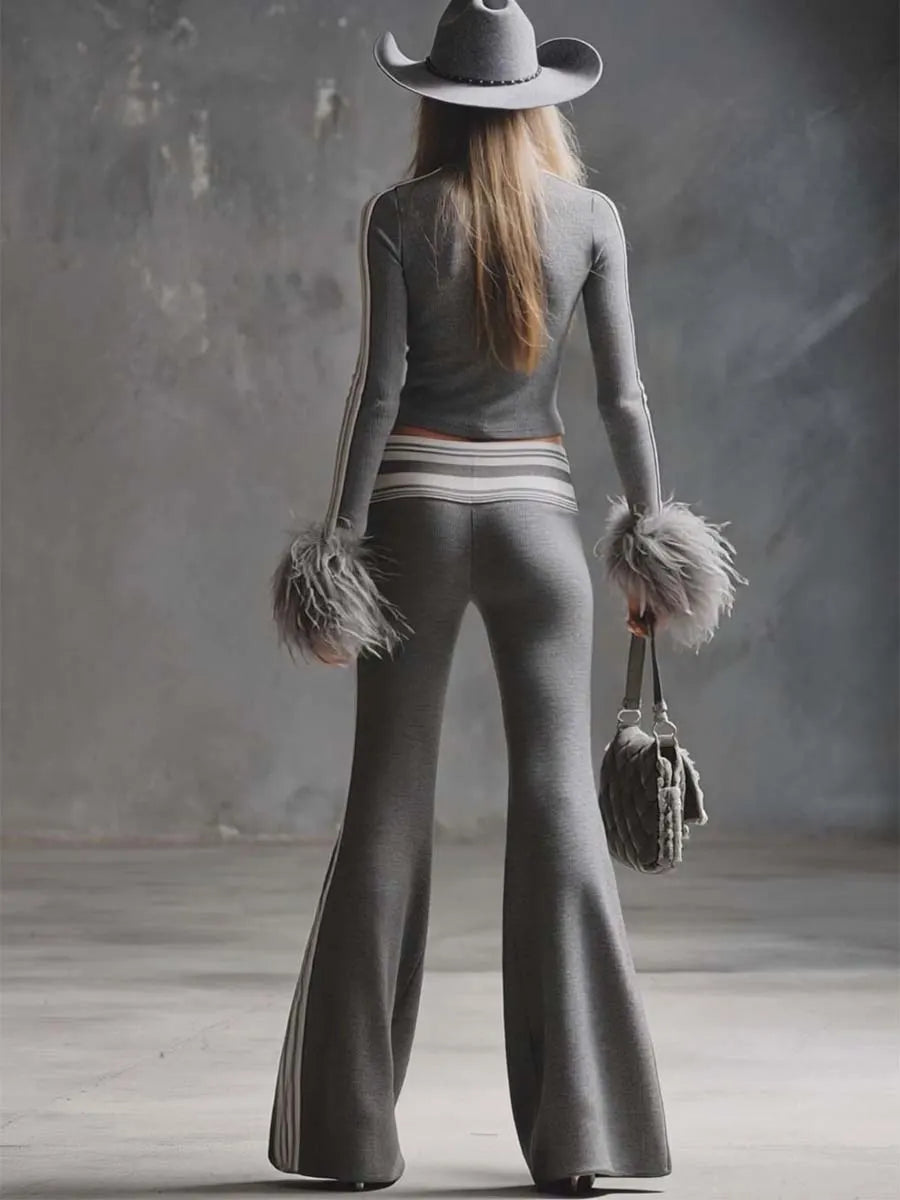 Retro Fashion Sporty Gray Knitted Feather Cuffs High-neck Top And Slim-fit Flared Pants Suit