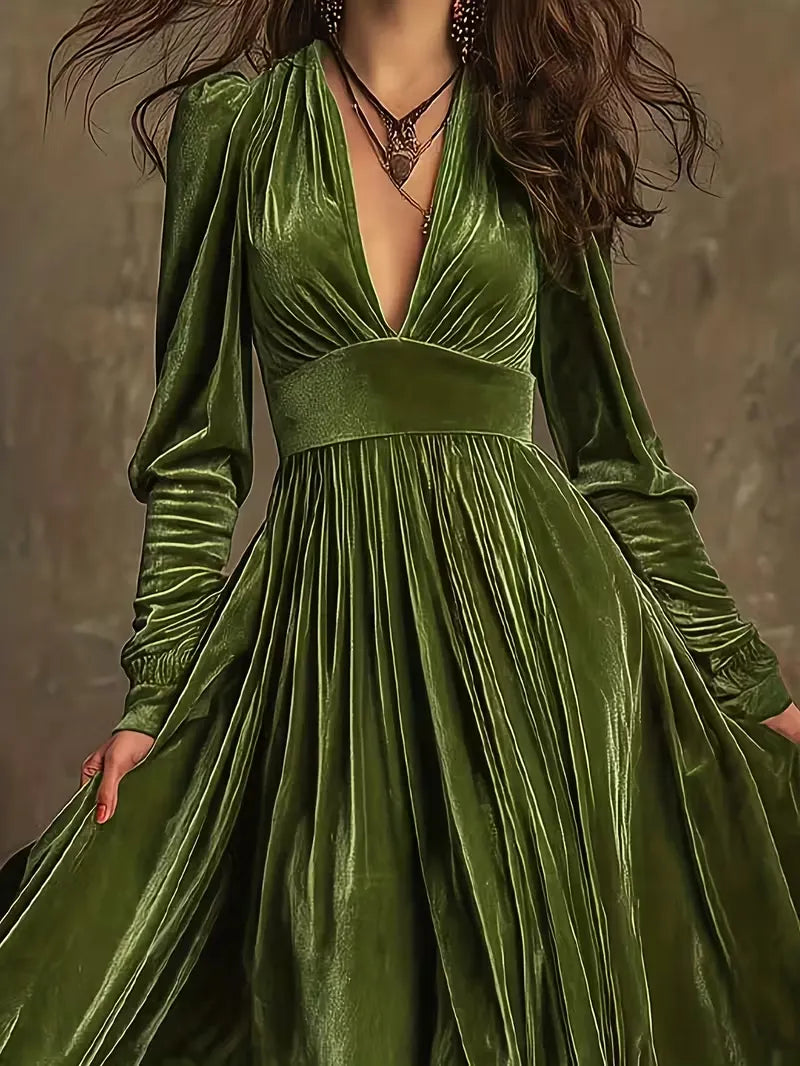 Retro Velvet V-neck Fitted Waist Maxi Dress