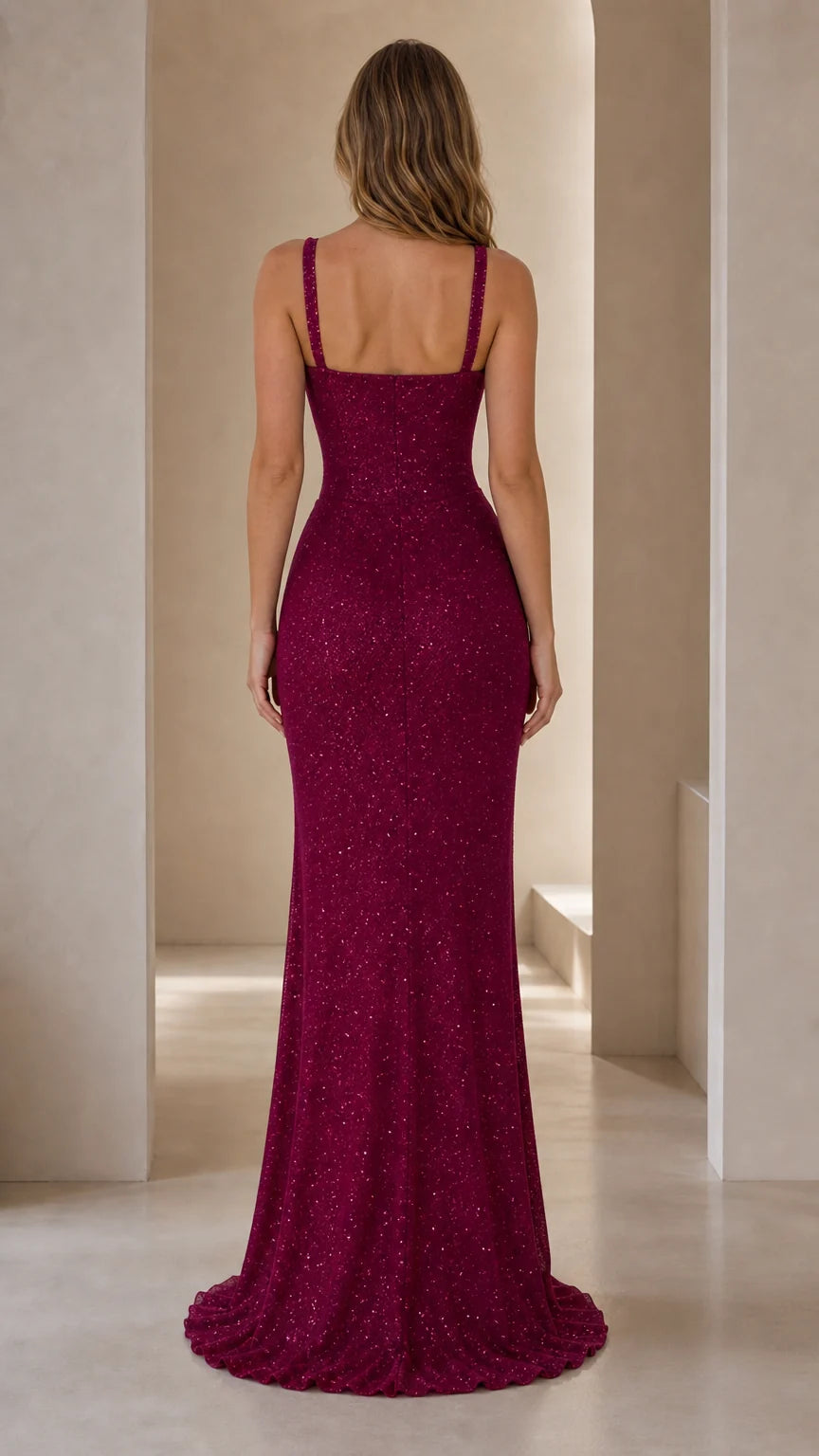 Sweetheart Neck Ruched Shimmer Maxi Evening Dress