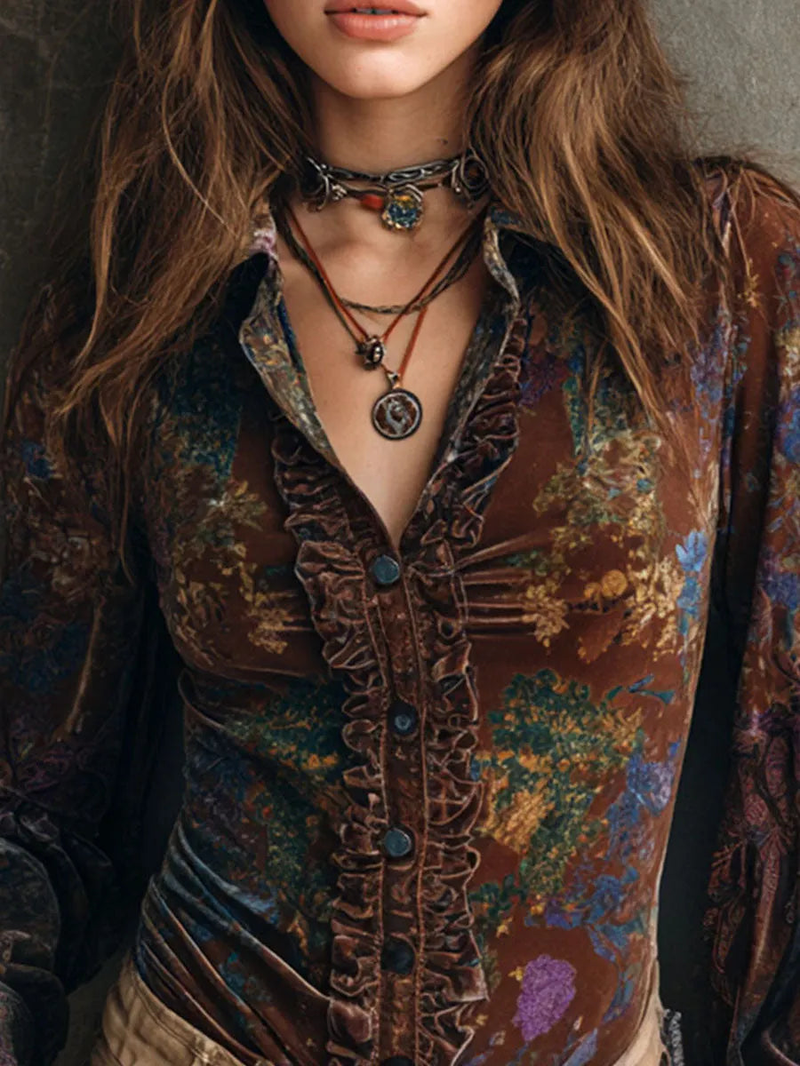 Chic Boho Floral Print Velvet Blouse With Ruffle Trim