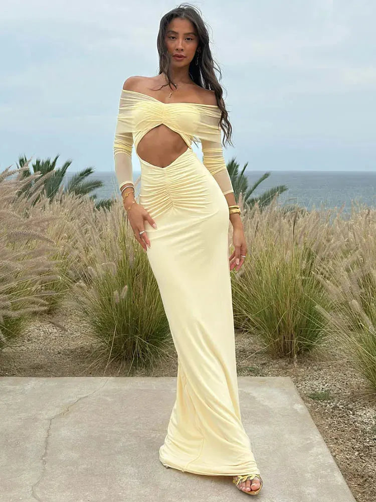 Avielle Off-Shoulder Mesh Bodycon Maxi Dress – Twist Front Ruched Cut-Out Gown for Weddings and Evening Occasions