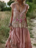 Vintage Pink Roses Glitter Embroidered Lace Linen Maxi Dress