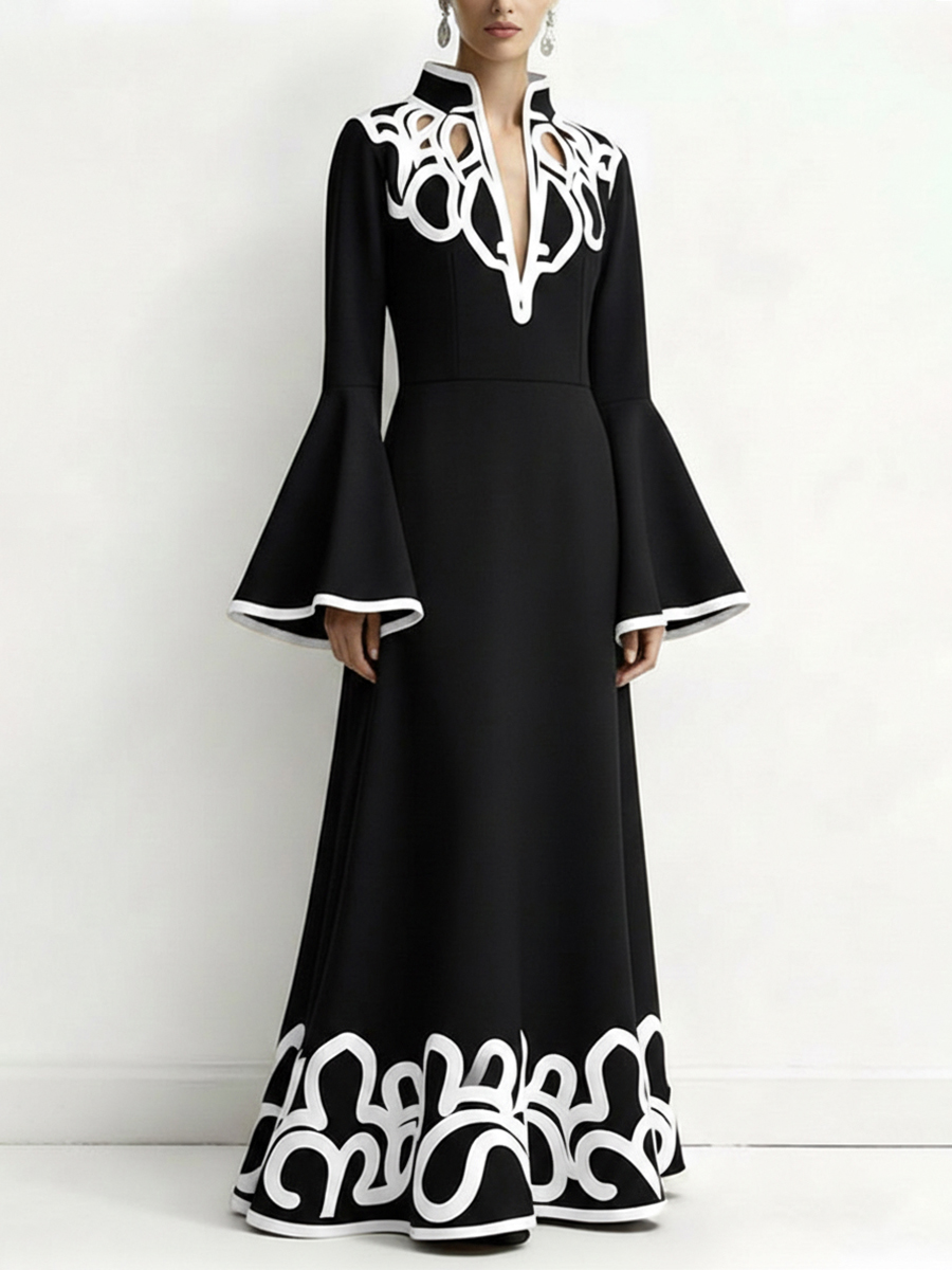 A-Line Flared Sleeves Abstract Printed Contrast Color Hollow Line Split-Joint Stand Collar Maxi Dresses