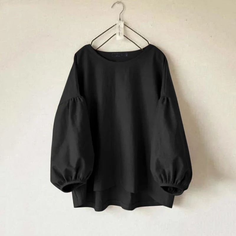 Women's casual round neck long sleeve loose retro shirt