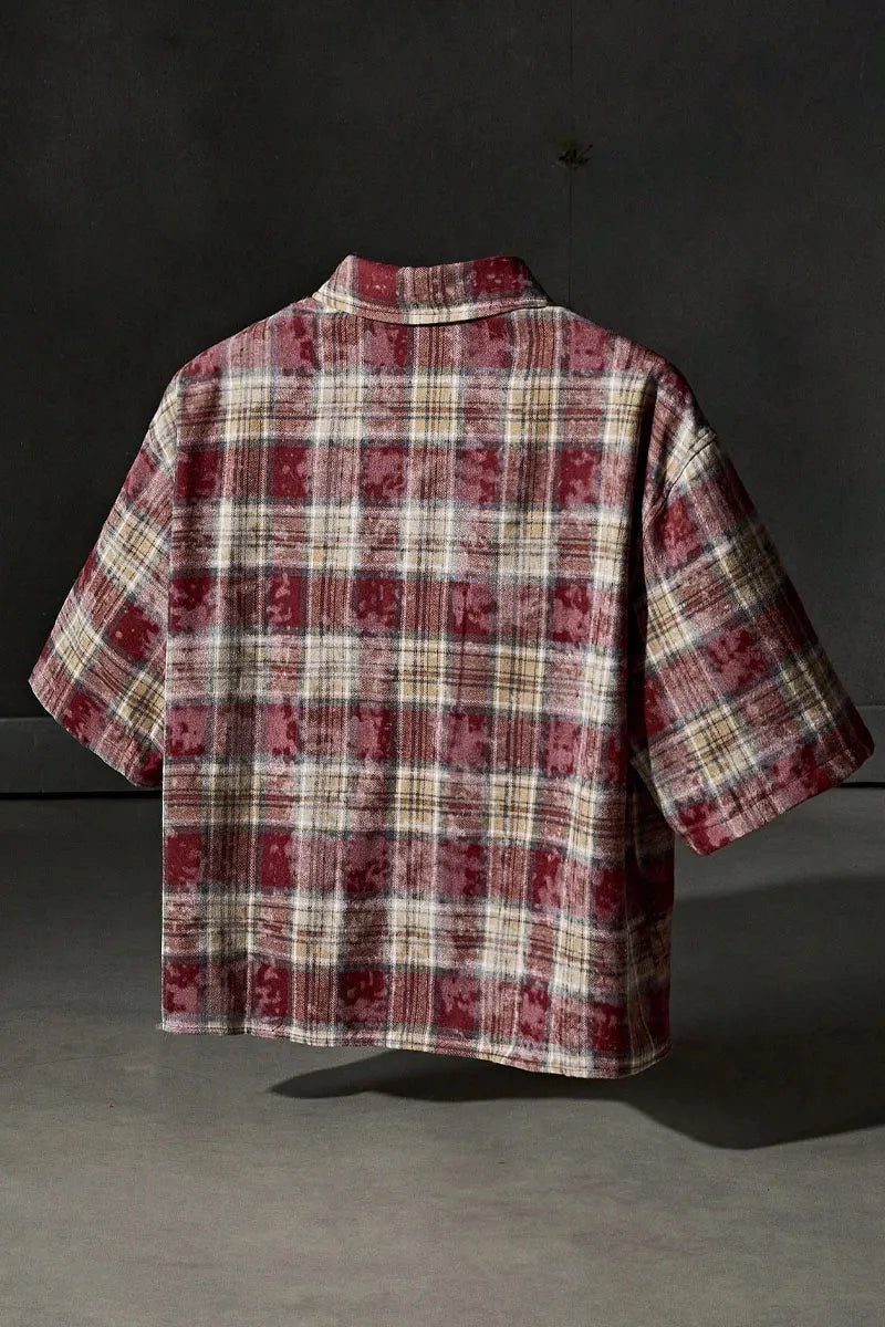 Men Cropped Distressed Plaid Short-Sleeve Shirt with Patches