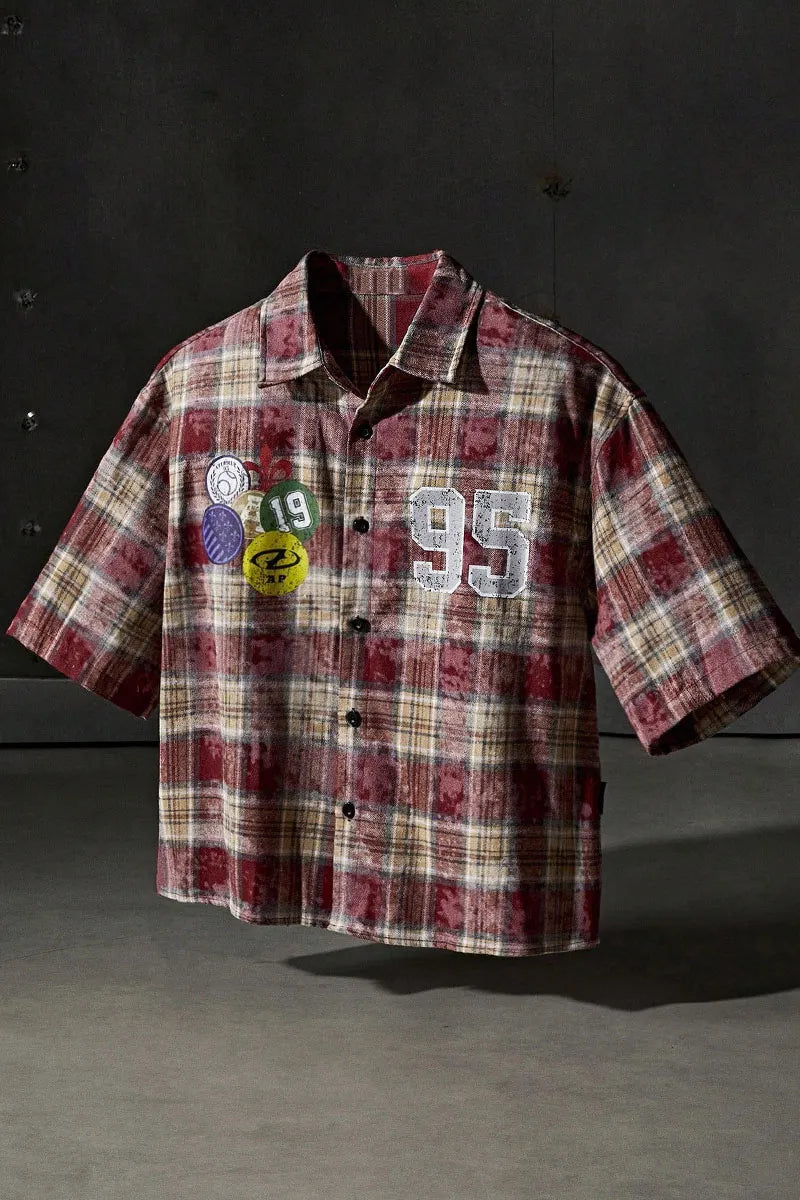 Men Cropped Distressed Plaid Short-Sleeve Shirt with Patches