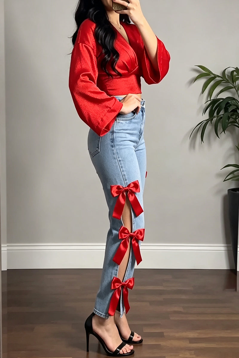 Women's Elegant V-Neck Top or Bow Decor Cutout Jeans