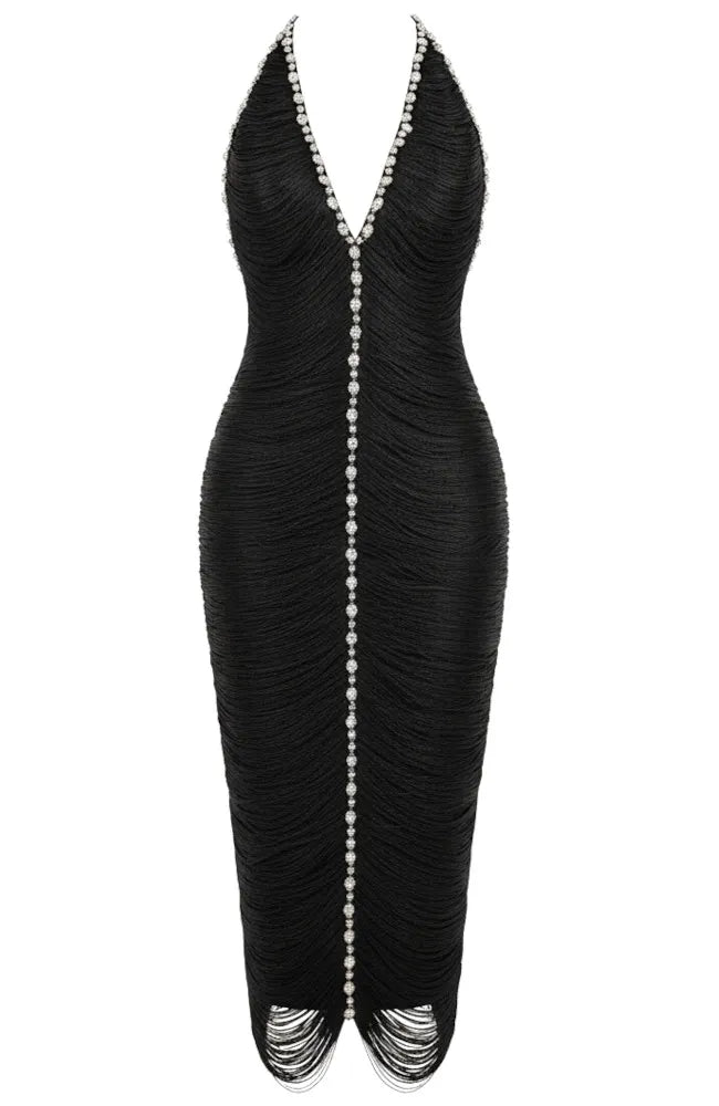 Halter Crystal Tassel Midi Dress Black