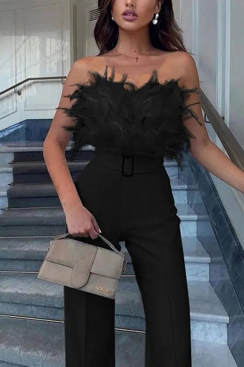 Feather Sexy Off Shoulder Sleeveless Slim Jumpsuit