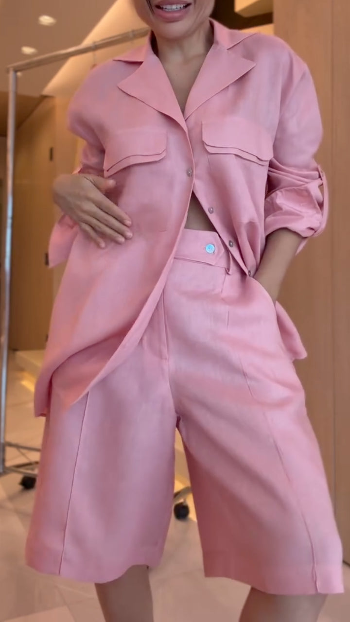 Women's Collared Cotton Linen Casual Suit
