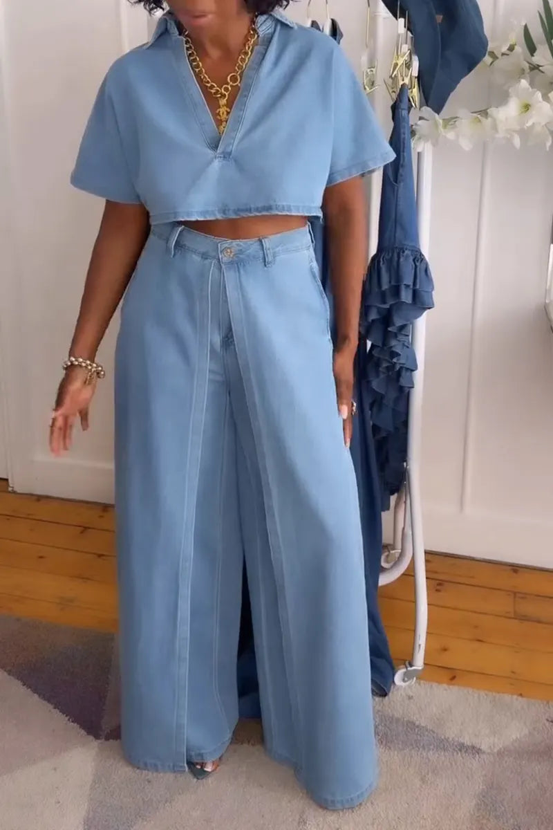 Women's Casual V-Neck Denim Top or Faux Two-piece Jeans
