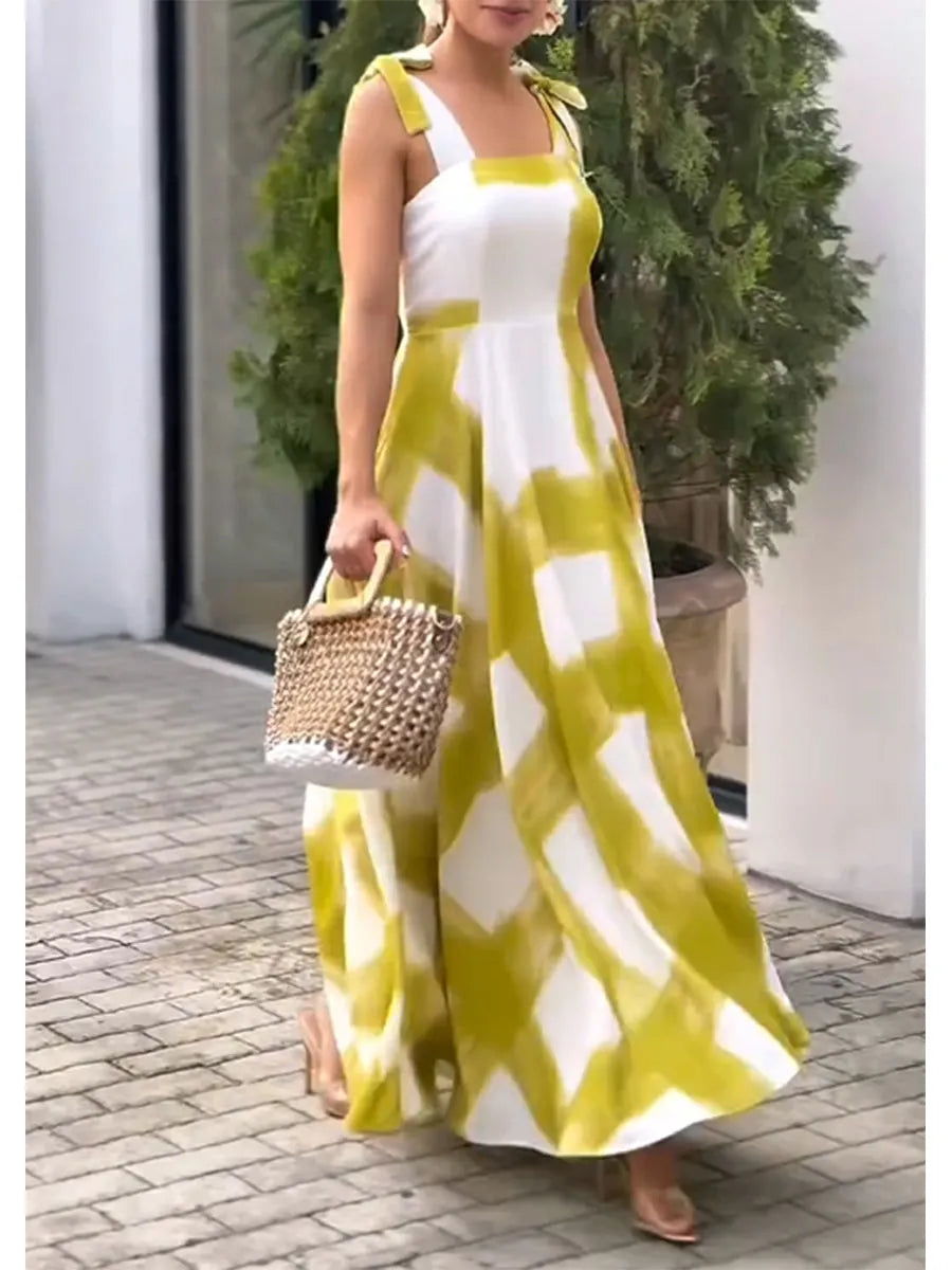 Women's Brushstroke Print Strapless Cotton and Linen Tank Dress