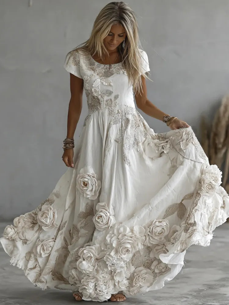 Women's Vintage White Rose Embroidery Art Round Neck Short Sleeve Maxi Dress