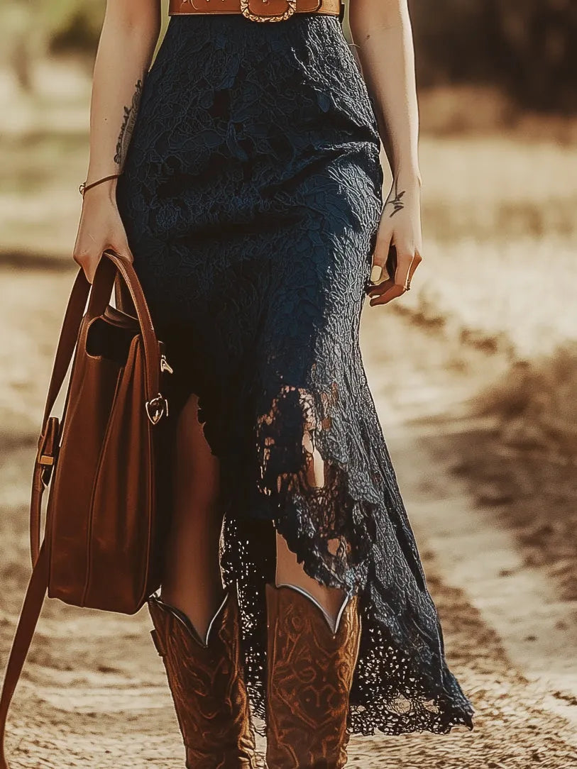 Vintage Bohemian Blue Lace Sleeveless Midi Dress