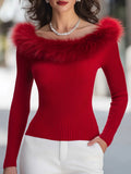 Off-the-Shoulder Faux Fur Collar Ribbed Knit Sweater