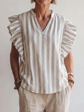 Women's Striped Print V-neck Sleeveless Casual Loose Cotton-linen Top