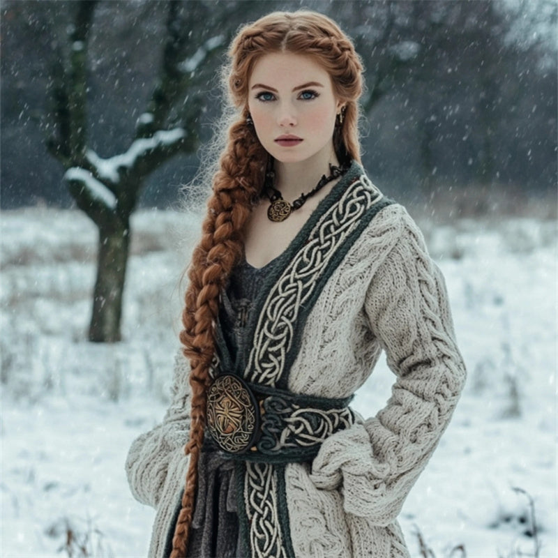 Vintage Medieval Celtic Contrast Hem Cozy Chunky Long Cardigan