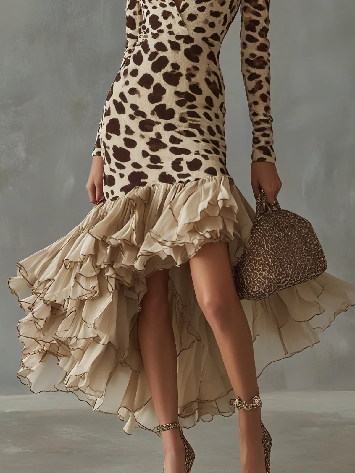 24-Hour-Shipping Leopard Print Ruffled High Low Midi Dress