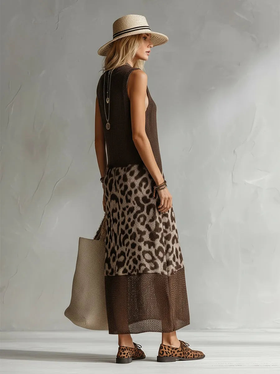 Elegant Brown Leopard Print Mesh Breathable Knit Sleeveless Maxi Dress
