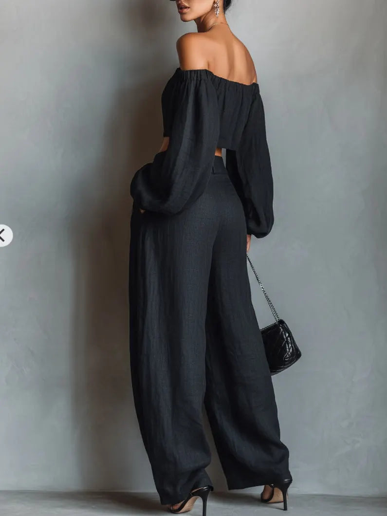 Black Off-the-shoulder Long-sleeved Top And Wide-leg Pants Set
