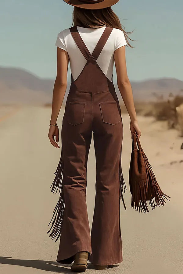 Stylish Suede Tassel Button Pocket Casual Wide-leg Overalls