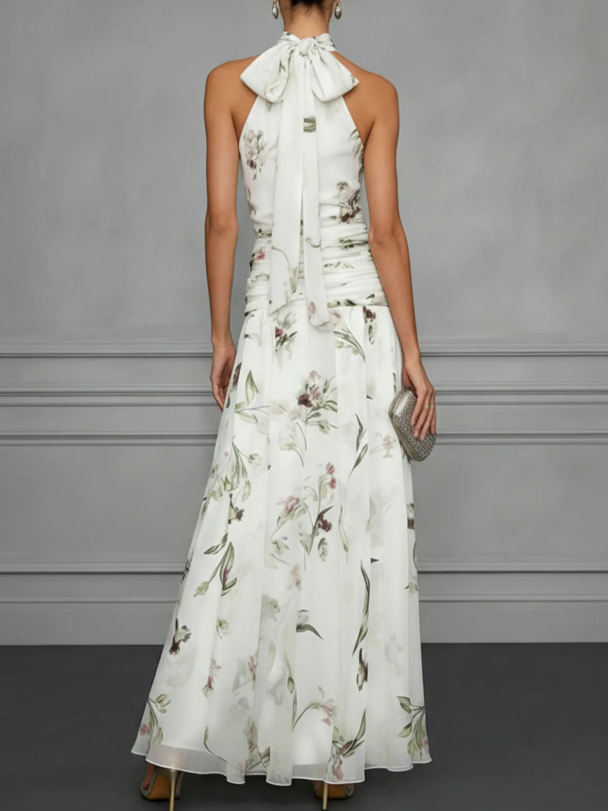 White Ruched Floral Chiffon Halter Neck Sleeveless A-Line Floor-length Gown Dress