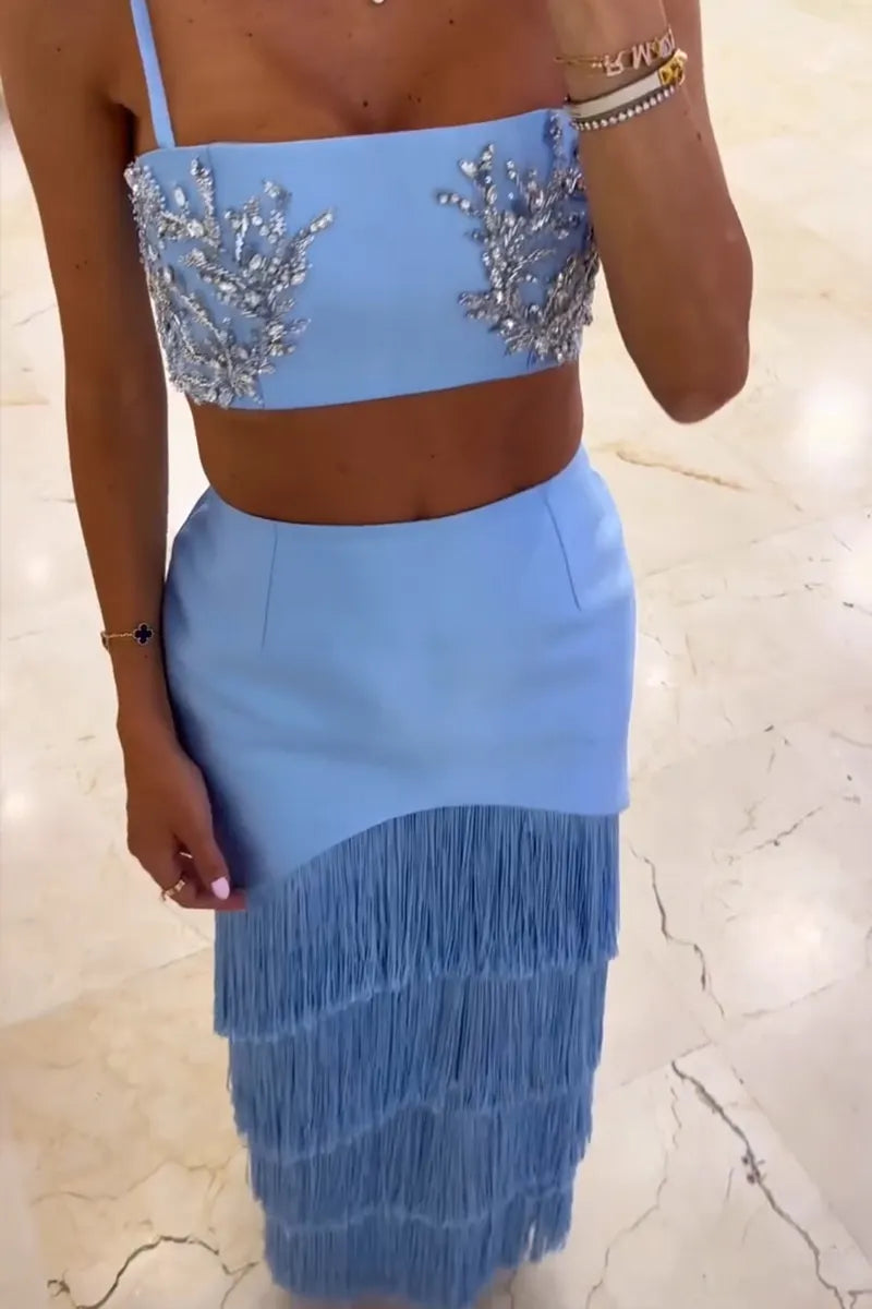 Women's Elegant Rhinestone Beaded Vest or Tiered Fringe Skirt