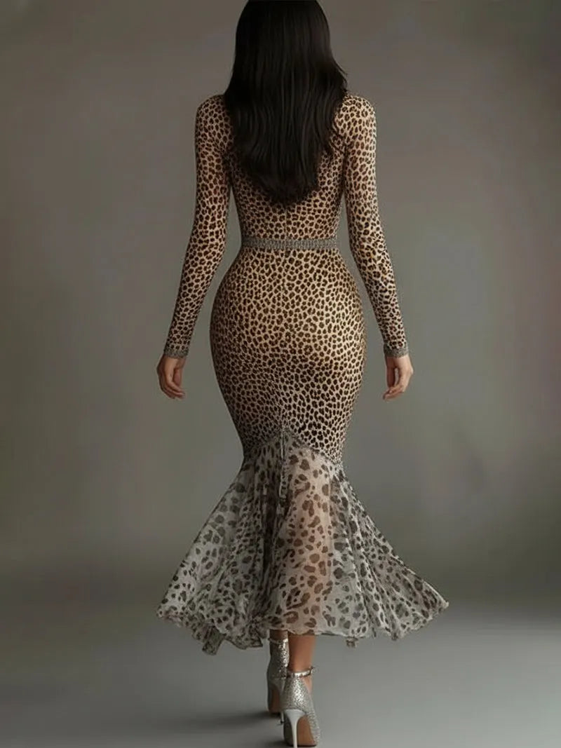 24-Hour-Shipping Leopard Print Deep V-Neck Mermaid Dress