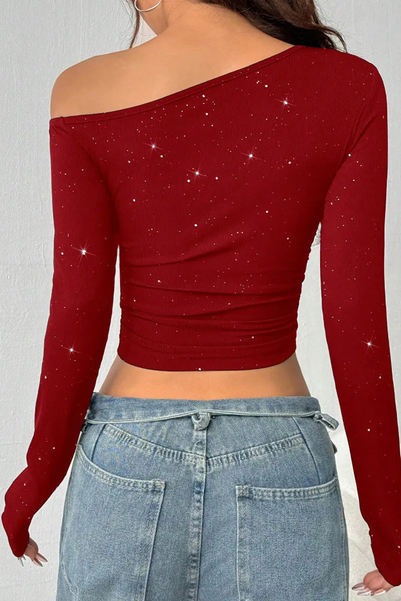 Women's Slim Fit  Asymmetrical Shoulder Long Sleeve Top