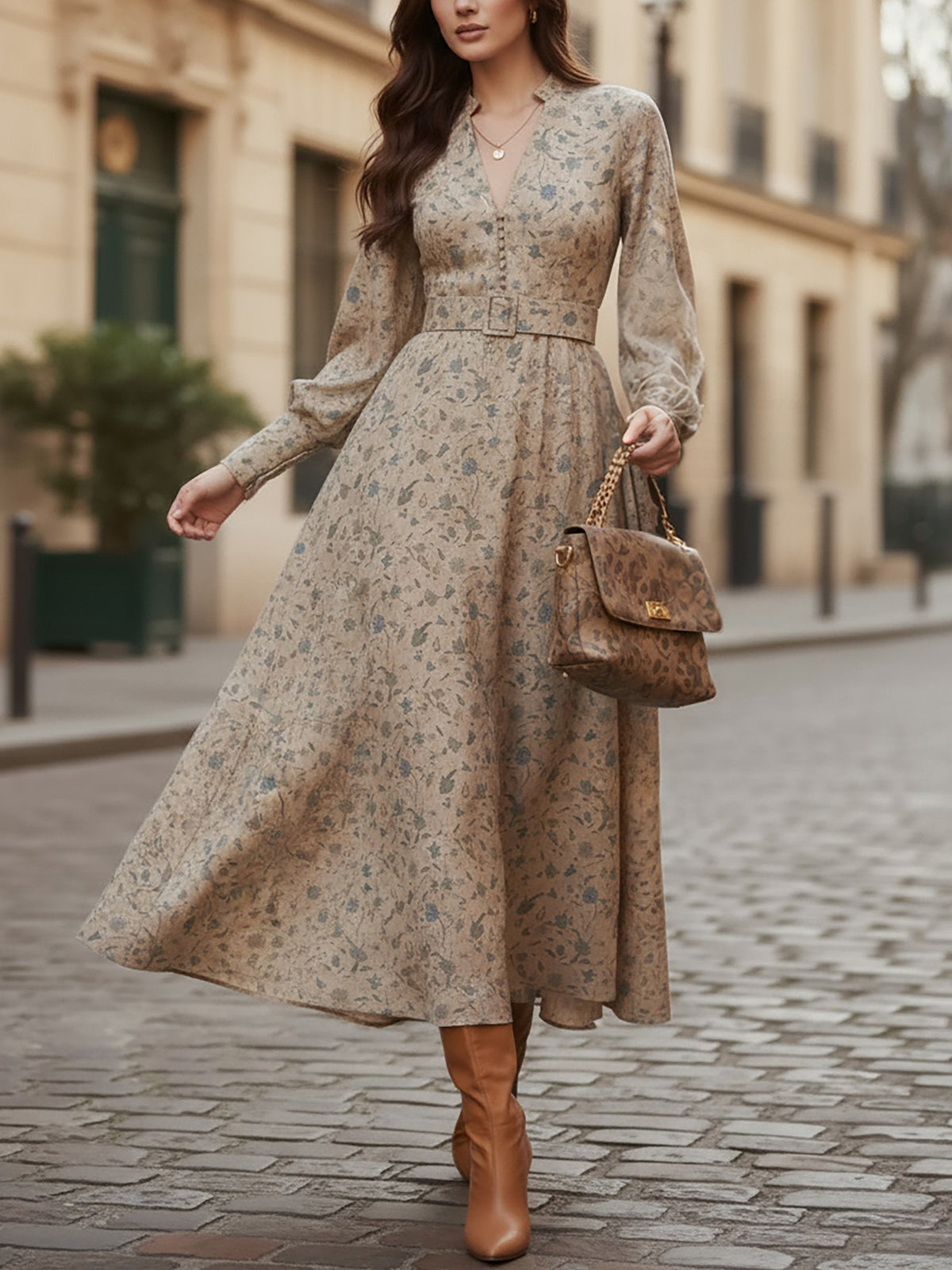 Midi Linen Dress, Long Sleeves, V Neck, Floral, Belt Design, Vintage, Khaki