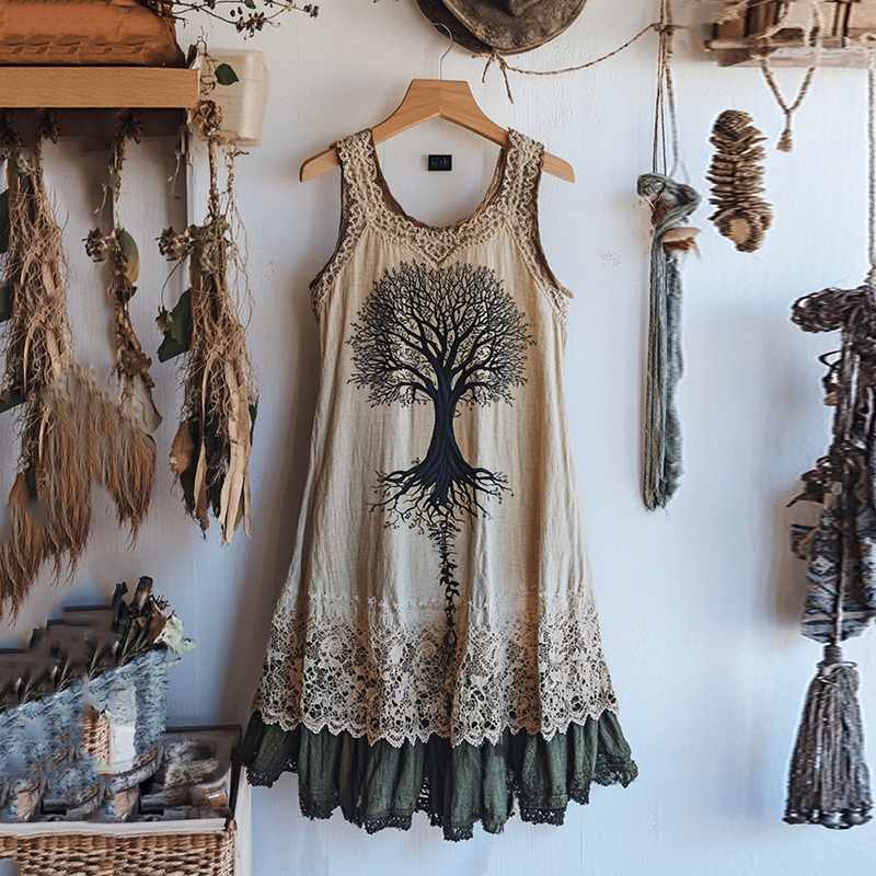 Viking Tree Of Life Lace Art Linen Tank Dress