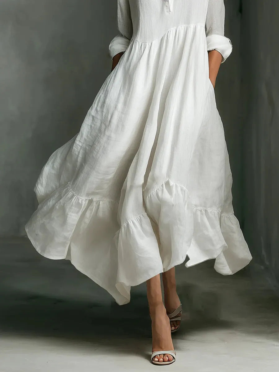 White Long-sleeved Ruffled Maxi Dress
