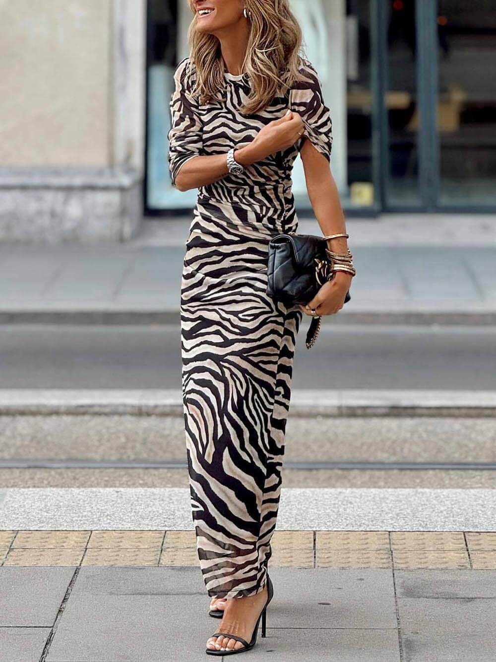 Unique Zebra Print Stretch Slim Maxi Dress