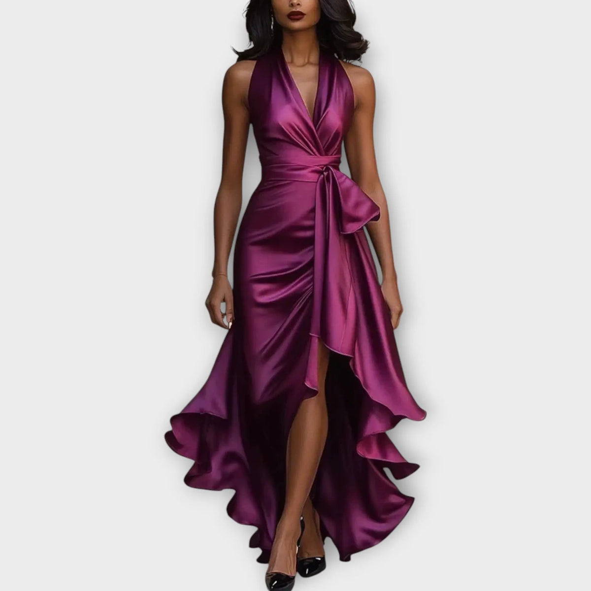 Satin Halter Gown with Draped Waist Tie