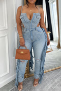 Women's Casual Rhinestone Tassel Suspender Denim Jumpsuit