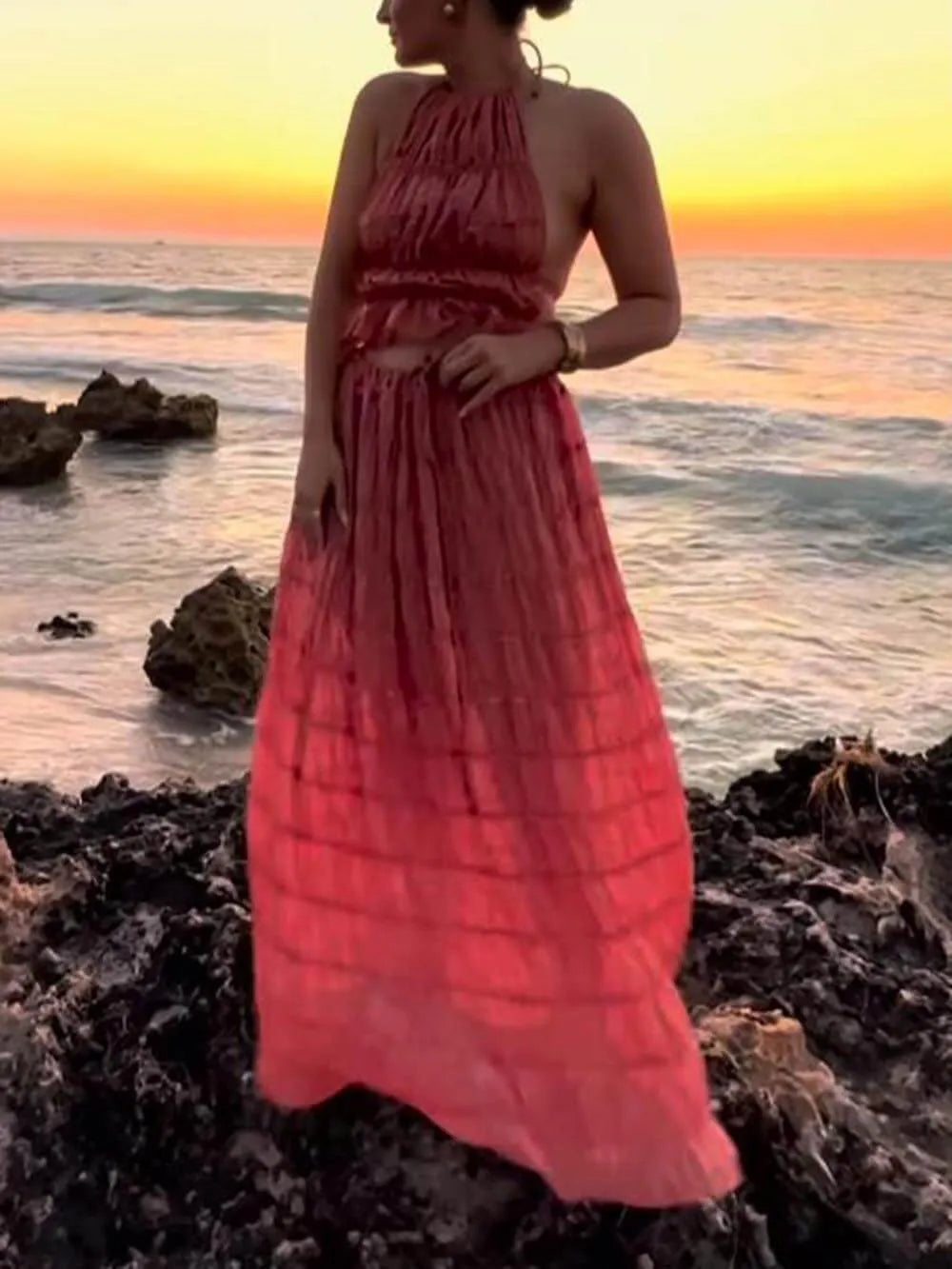 Charm Pleated Drawstring Waist Tiered Maxi Skirt