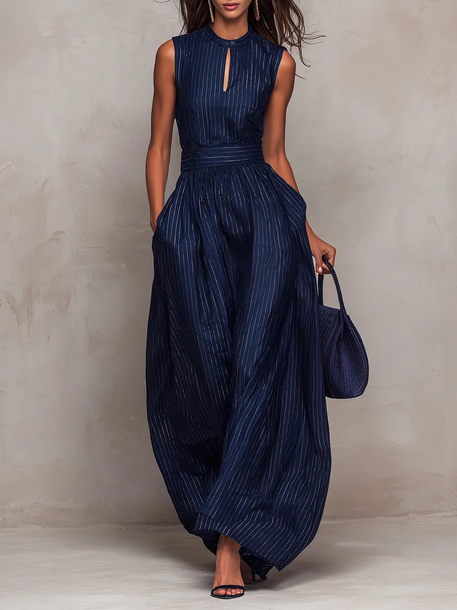 Dark Blue Striped Keyhole Neckline Wide-leg Jumpsuit