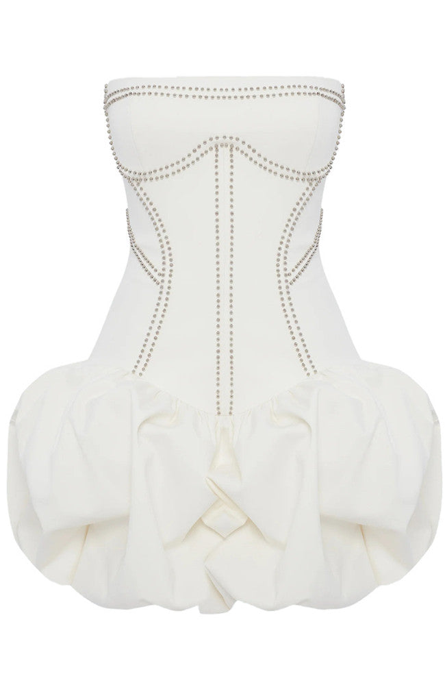 Strapless Studded Puff Dress White
