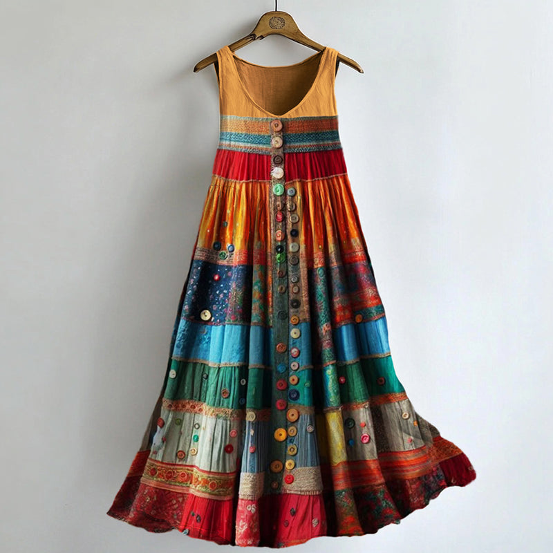 Boho Colorful Textile Flowy Linen Blend Tank Dress