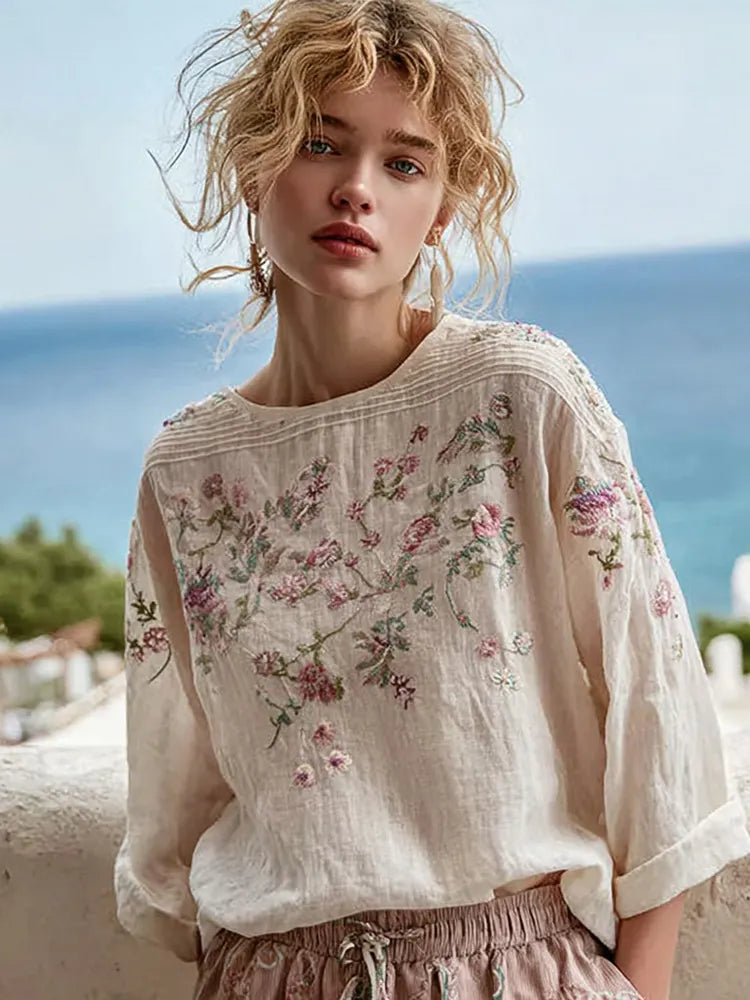 Women's Vintage Floral Embroidery Linen Crew Neck Long Sleeve T-shirt