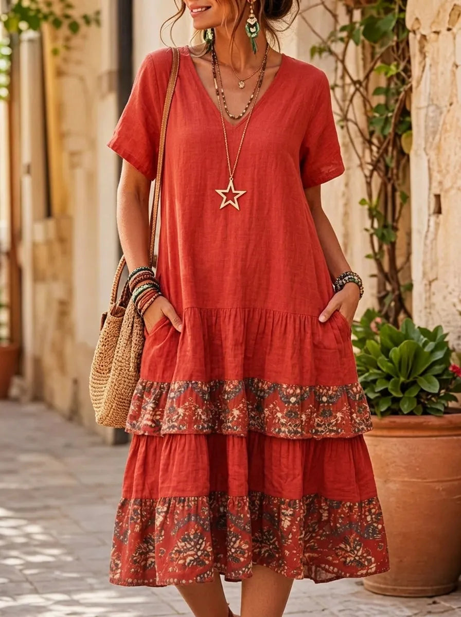Womenâs Casual Short Sleeve V Neck Ruffled Hem Pocket Dress
