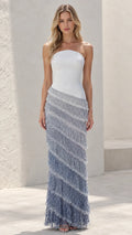 Strapless Ombré Beaded Fringe Column Evening Gown