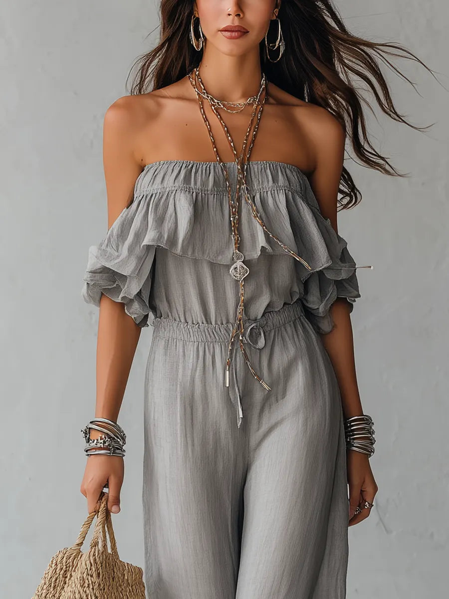 Bohemian style Gray Off the shoulder Wide leg Jumpsuit With Ruffled Details