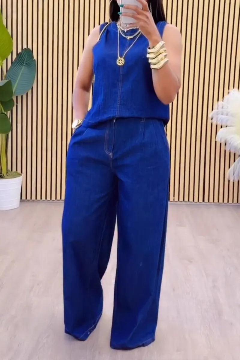 Women's Casual Crewneck Sleeveless Denim Vest or Wide Leg Jeans