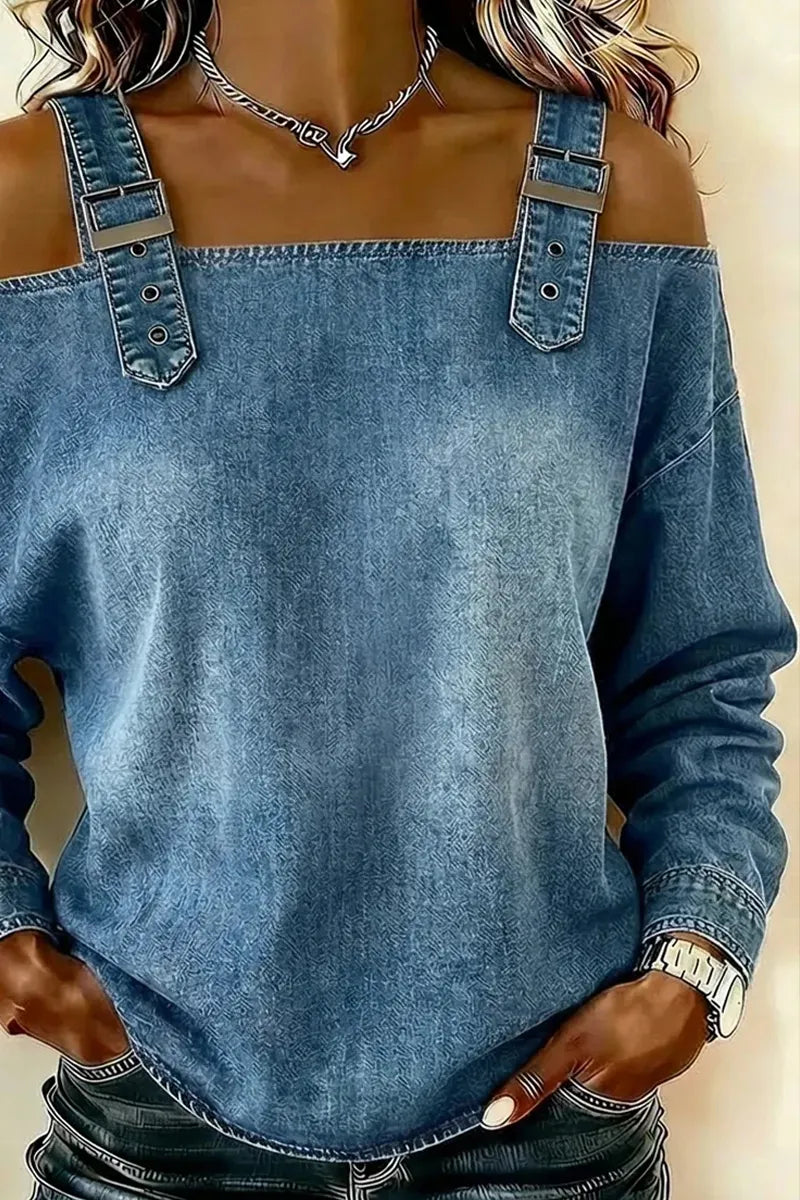Ladies' Hot Selling Casual Denim Shoulder Strap Top