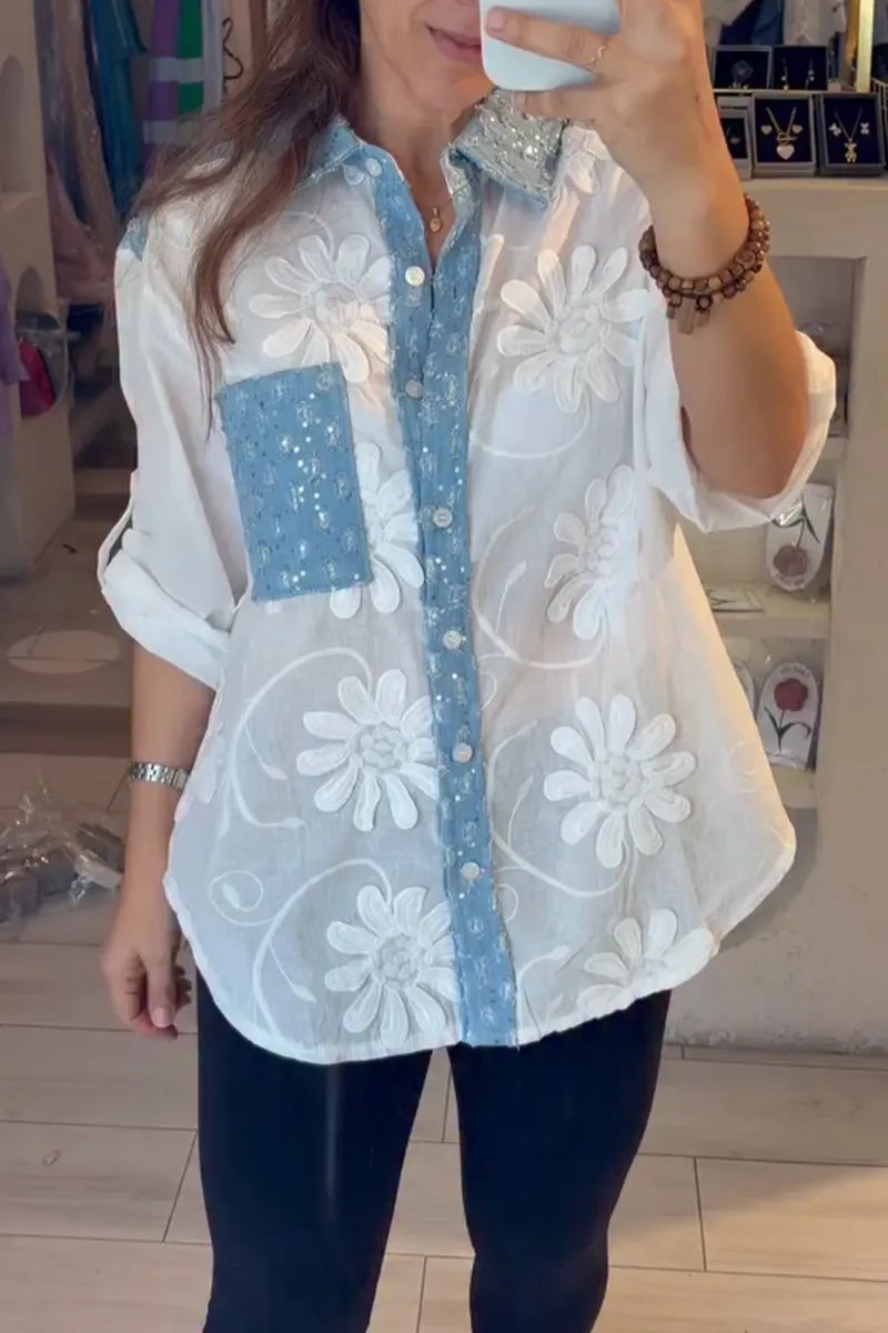 Women's Collar Patchwork Denim Sequin Casual Shirt