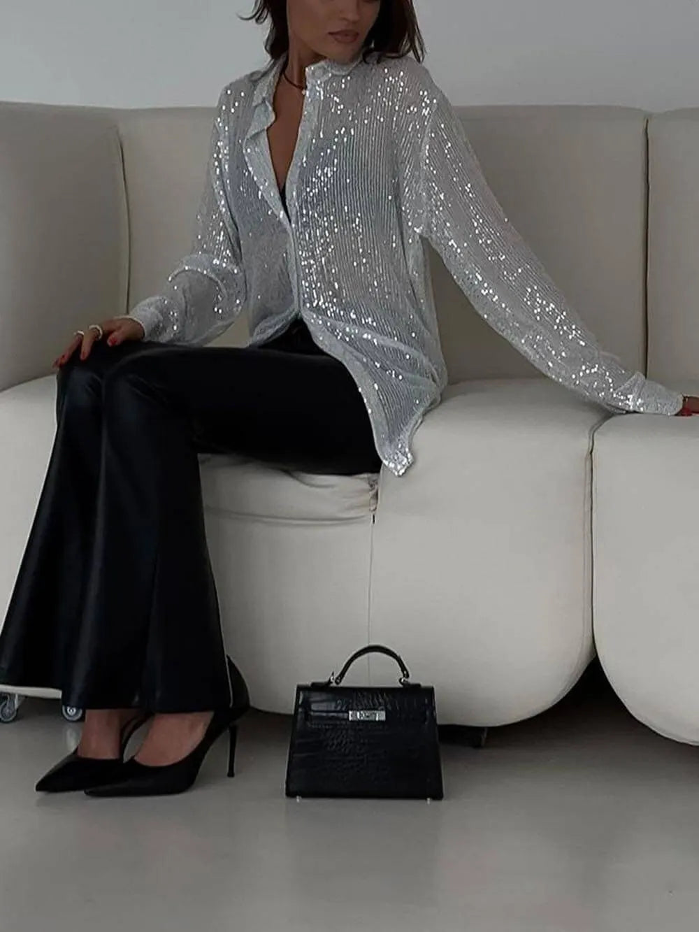 Stylish Sequined Collared Long-sleeved Shirt